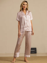 [Pink Hjerte Geo] SilkSilky-DK Short Sleeve Lapel Collar Dame Pyjamas 007