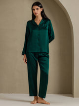 [Mørkegrøn] SilkSilky-DK Long Sleeve Lapel Collar Dame Pyjamas 001