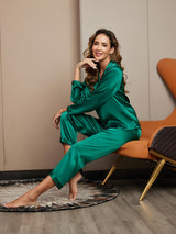 [Grøn] SilkSilky-DK Long Sleeve Lapel Collar Dame Pyjamas 005