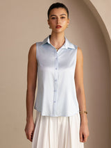 [Lyseblå] SilkSilky-DK Sleeveless Lapel Collar Dameskjorte 001