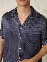 [Marine Ginkgo] SilkSilky-DK Short Sleeve Lapel Collar Pyjamas til Mænd 007
