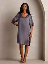 [Lilla Grå] SilkSilky-DK Half Sleeve V Neck Natkjole 008