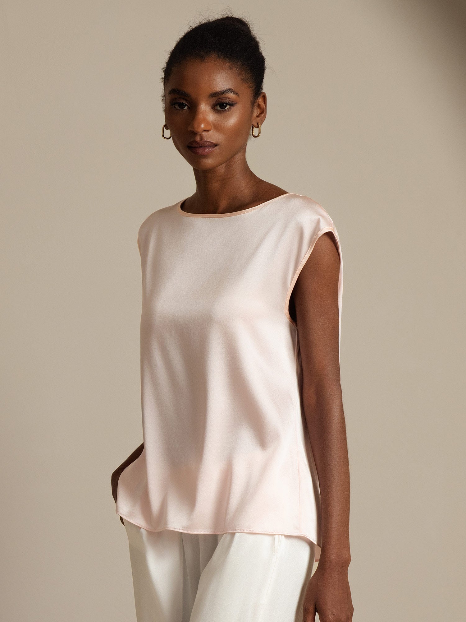 [Lyserød] SilkSilky-DK 19Momme Silke Womens T-Shirt 003,