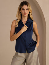 [Mørkeblå] SilkSilky-DK Sleeveless Lapel Collar Dameskjorte 005