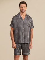 [Sort Ginkgo] SilkSilky-DK Short Sleeve Lapel Collar Pyjamas til Mænd 005