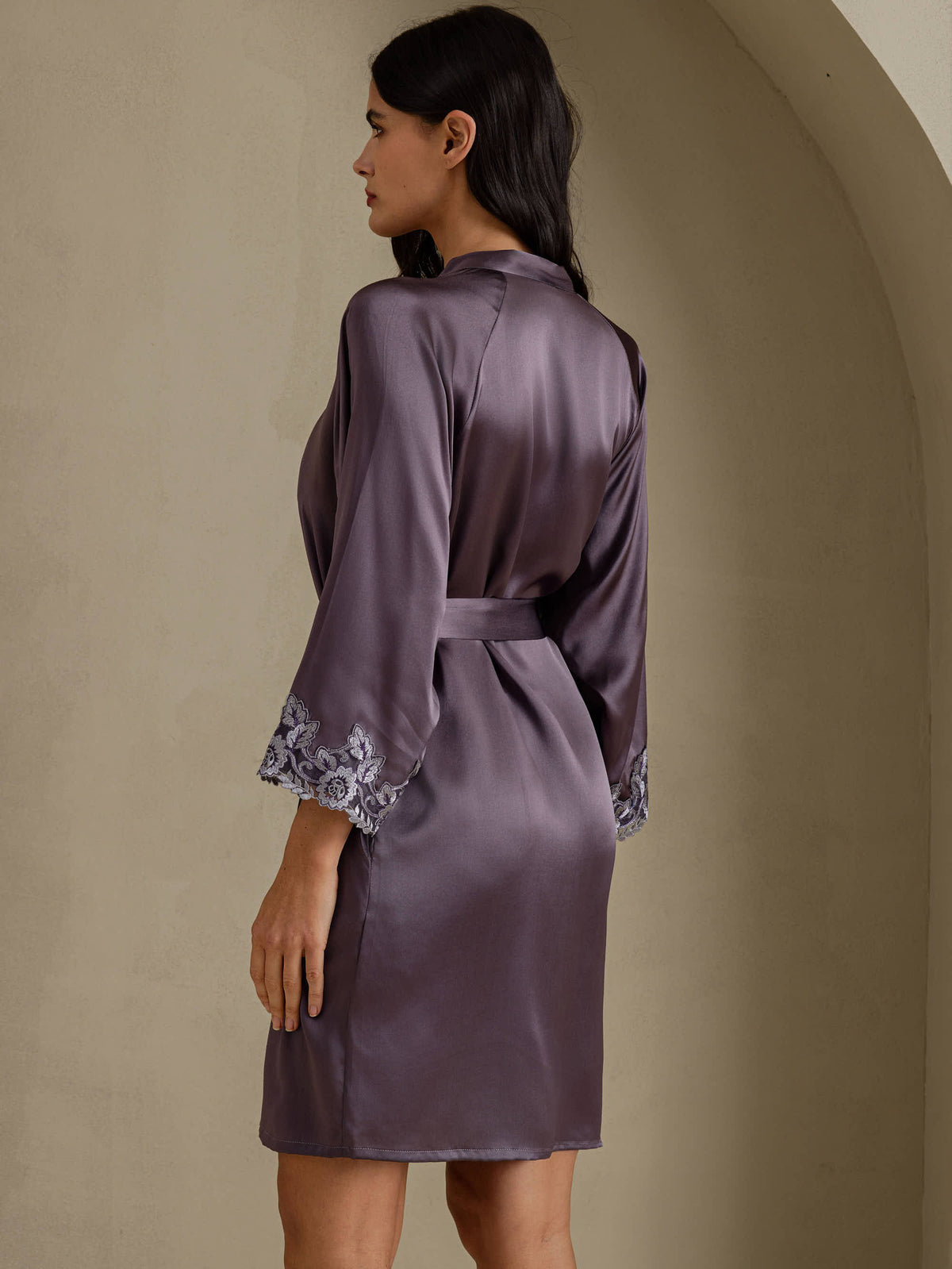 [Lilla Grå] SilkSilky-DK 3/4 Sleeve Dame Morgenkåbe 002