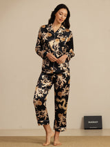 [Sort Drage] SilkSilky-DK Long Sleeve Lapel Collar Dame Pyjamas 006