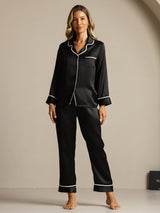 [Sort] SilkSilky-DK Langærmet Notchkrage Dame Pyjamas 003