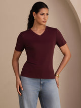 [Vin] SilkSilky-DK Short Sleeve V Neck T-shirt til kvinder 001