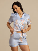 [Lyseblå] SilkSilky-DK 19Momme Kort ærme Notchkrage Dame Pyjamas 004