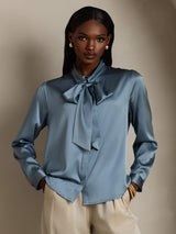 [Gråblå] SilkSilky-DK Long Sleeve Tie Neck Damebluser 001