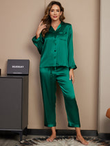 [Grøn] SilkSilky-DK Long Sleeve Lapel Collar Dame Pyjamas 001