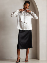 [Lysegrå] SilkSilky-DK Long Sleeve Tie Neck Damebluser 005