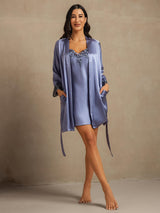 [Stål Blå] SilkSilky-DK 3/4 Sleeve V Neck Natkjole & Morgenkåbe Sæt 008