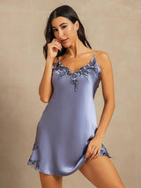 [Stål Blå] SilkSilky-DK Sleeveless V Neck Natkjole 001
