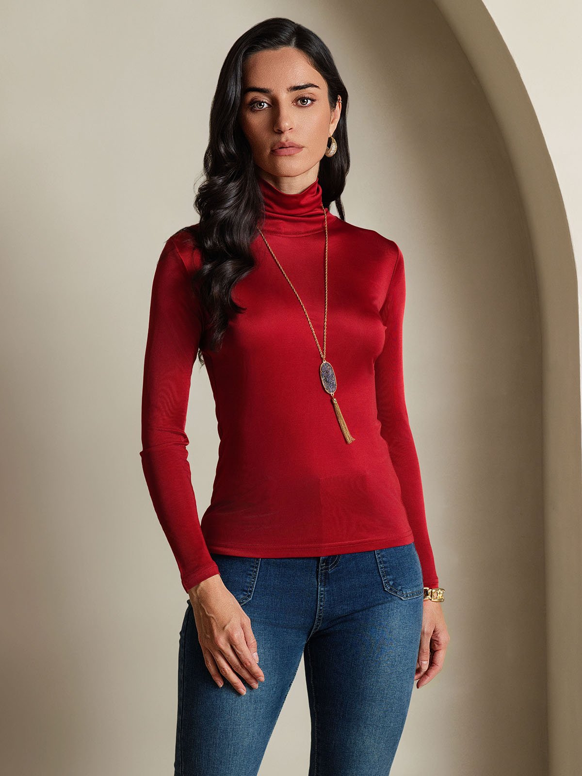 [Vin] SilkSilky-DK Langærmet Rullekrave T-shirt til kvinder 003