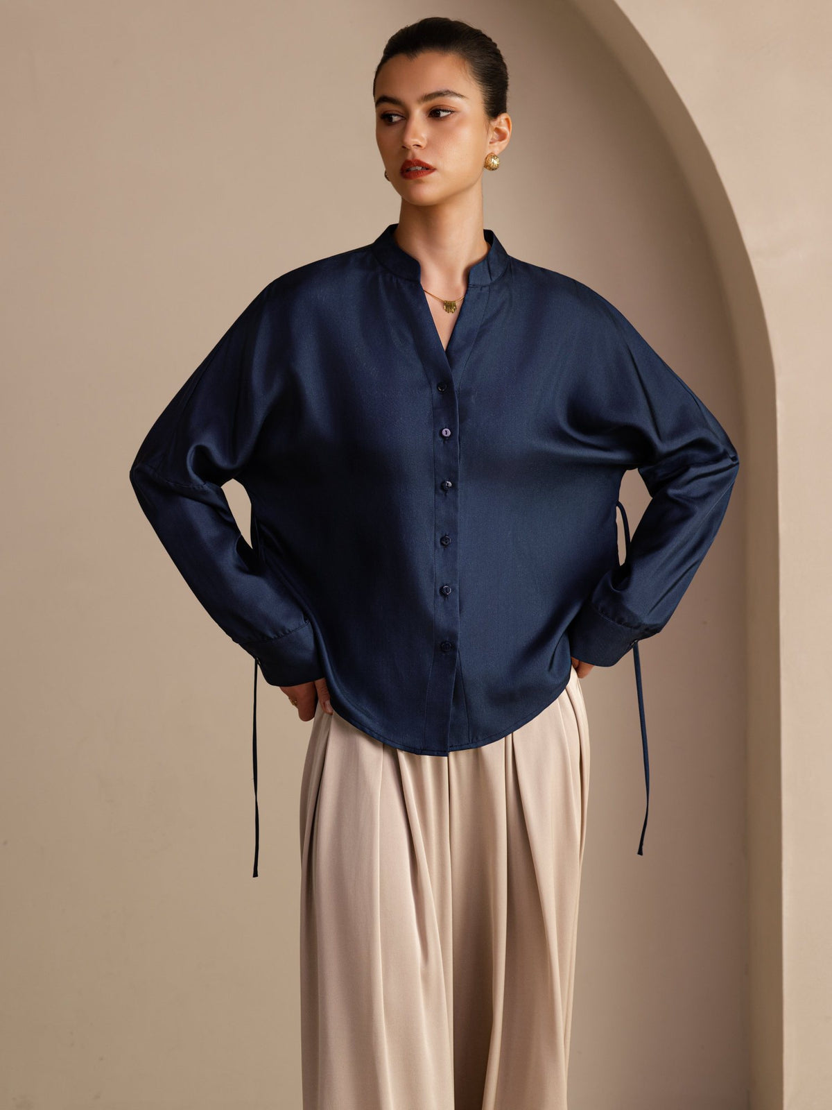[Mørkeblå] SilkSilky-DK Long Sleeve Blouse 001