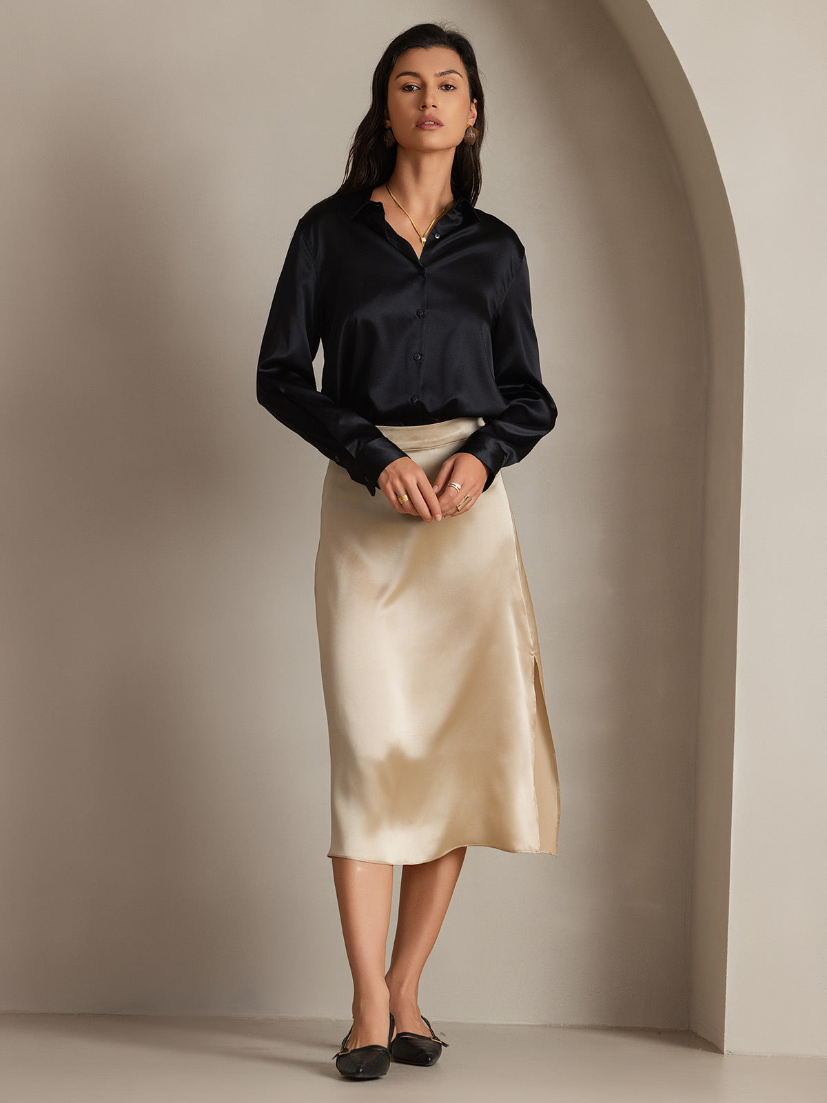 [Sort] SilkSilky-DK 19Momme Langærmet Reverskrave Dameskjorte 004