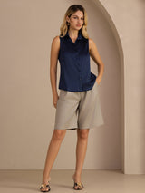 [Mørkeblå] SilkSilky-DK Sleeveless Lapel Collar Dameskjorte 007