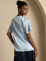 [Gråblå] SilkSilky-DK Short Sleeve Cowl Neck Damebluser 002