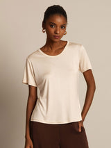 [Beige] SilkSilky-DK Kort ærme Rund Hals T-shirt til kvinder 005