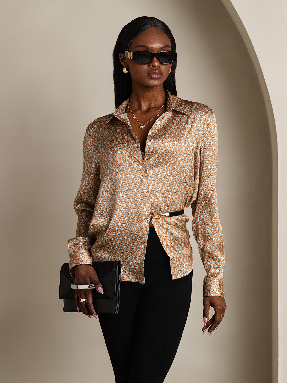 [Blomster] SilkSilky-DK 19Momme Langærmet Reverskrave Dameskjorte 006