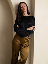 [Sort] SilkSilky-DK Long Sleeve Boat Neck Bluse 005