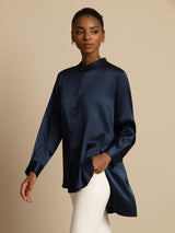 [Mørkeblå] SilkSilky-DK 19Momme Langærmet Ståkrave Bluse 004