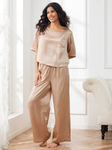 [Champagne] SilkSilky-DK Halv ærme Rund Hals Dame Pyjamas 006