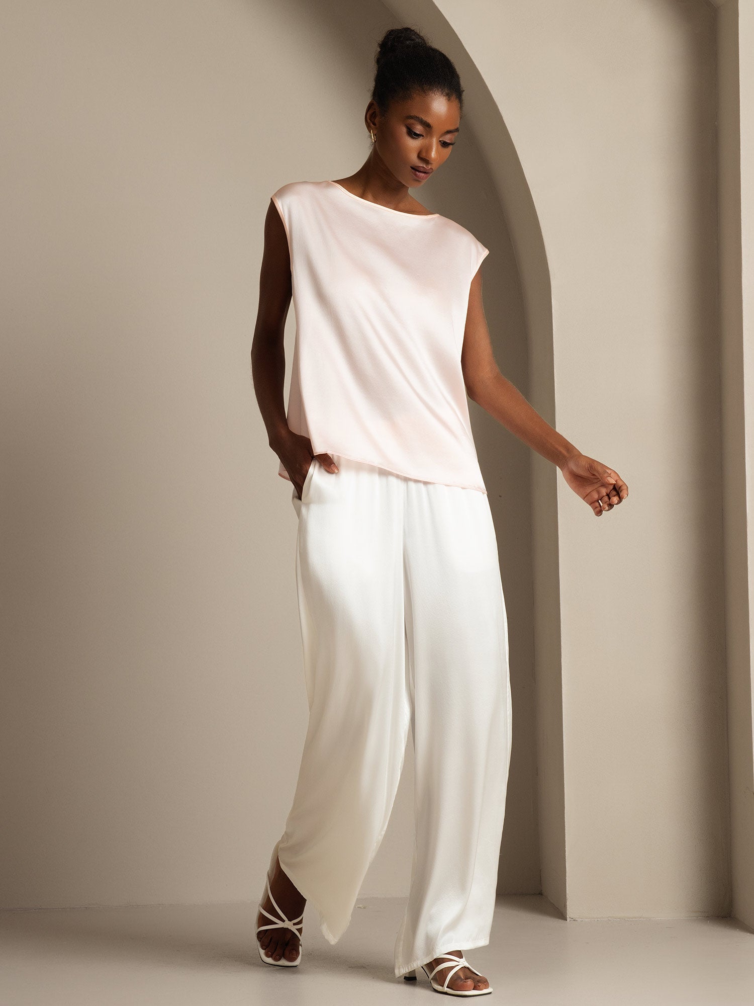 [Lyserød] SilkSilky-DK 19Momme Silke Womens T-Shirt 004,