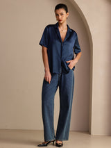 [Mørkeblå] SilkSilky-DK Short Sleeve Lapel Collar Dameskjorte 007