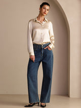 [Risbeige] SilkSilky-DK Long Sleeve Lapel Collar Dameskjorte 006