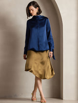 [Mørkeblå] SilkSilky-DK Long Sleeve High Neck Bluse 003