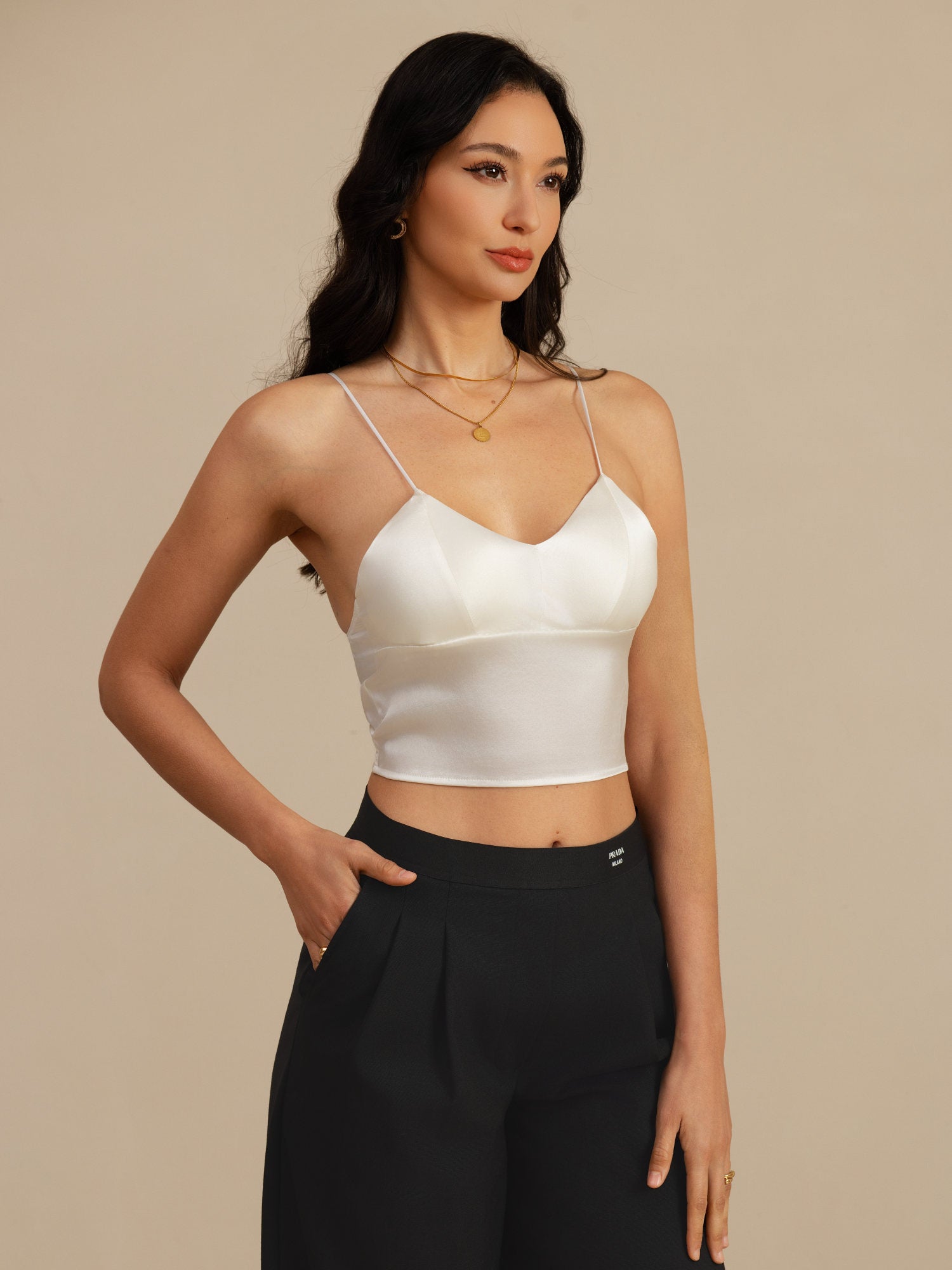 [Hvid] SilkSilky-DK Spaghetti Strap V Neck Camisole Top 001