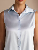 [Lyseblå] SilkSilky-DK Sleeveless Lapel Collar Dameskjorte 004