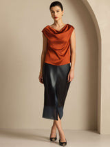 [Karamel] SilkSilky-DK Cap Sleeve Cowl Neck T-shirt til kvinder 007