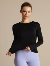 [Sort] SilkSilky-DK Langærmet Tight Crew Neck T-shirt til kvinder 005