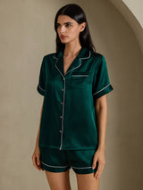 [Mørkegrøn] SilkSilky-DK Short Sleeve Lapel Collar Dame Pyjamas 003