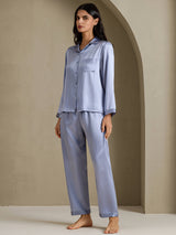 [Stål Blå] SilkSilky-DK Long Sleeve Lapel Collar Dame Pyjamas 007