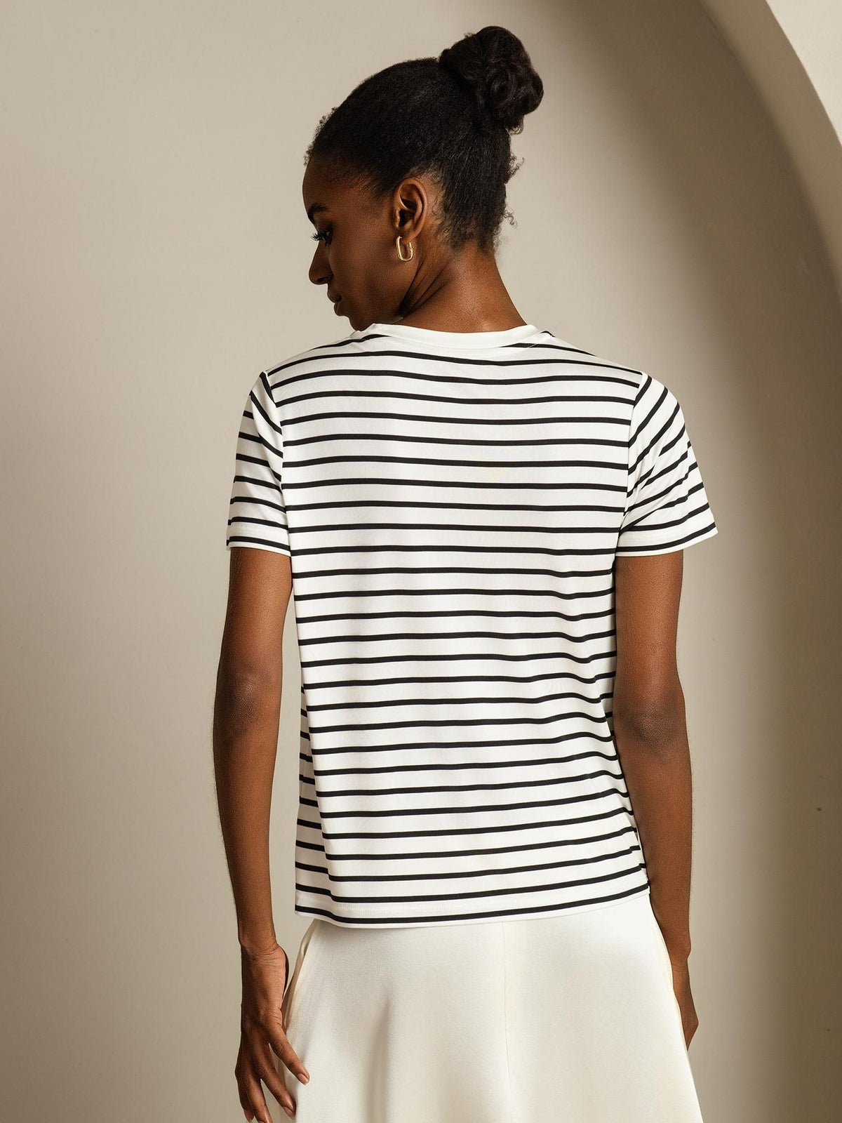 [Hvid Stribe] SilkSilky-DK Short Sleeve Crew Neck T-shirt til kvinder 002