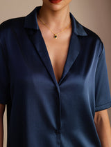 [Mørkeblå] SilkSilky-DK Short Sleeve Lapel Collar Dameskjorte 004