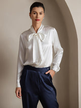 [Hvid] SilkSilky-DK Long Sleeve Tie Neck Damebluser 007