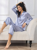 [Stål Blå] SilkSilky-DK Long Sleeve Lapel Collar Dame Pyjamas 003