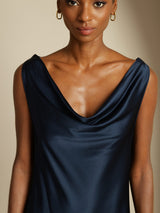 [Mørkeblå] SilkSilky-DK Sleeveless Cowl Neck Kjole 003