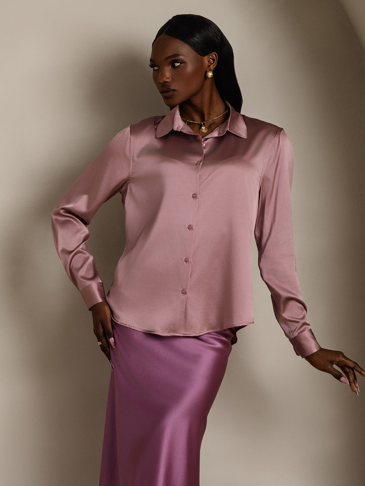 [Bleg Mauve] SilkSilky-DK Silke Long Sleeve Collar Dameskjorte 005