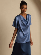 [Ægte Petrol] SilkSilky-DK Short Sleeve Cowl Neck Damebluser 007