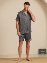 [Sort Ginkgo] SilkSilky-DK Short Sleeve Lapel Collar Pyjamas til Mænd 003