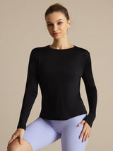[Sort] SilkSilky-DK Langærmet Tight Crew Neck T-shirt til kvinder 001
