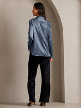 [Ægte Petrol] SilkSilky-DK Long Sleeve Lapel Collar Dameskjorte 003