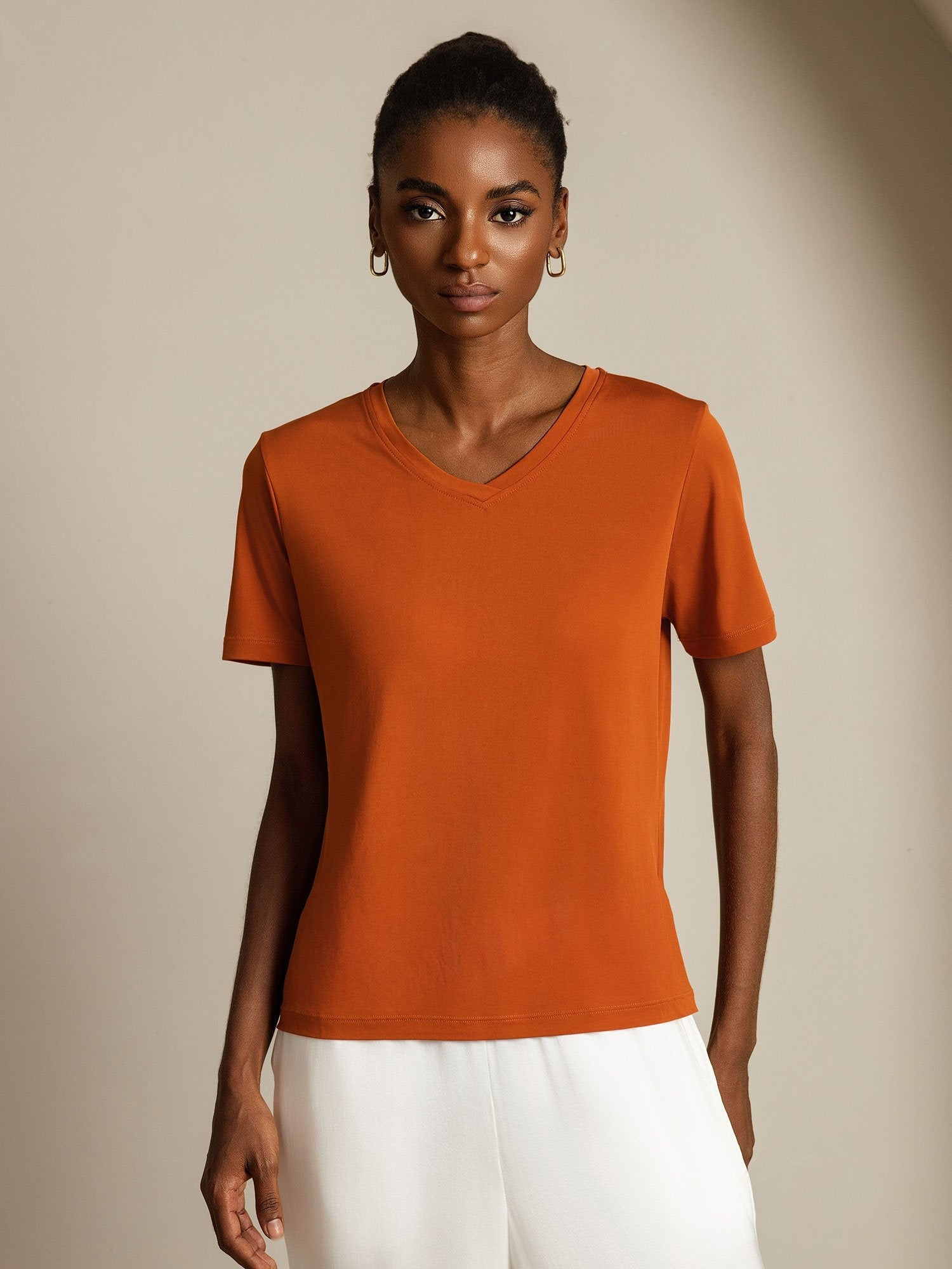 [Orange] SilkSilky-DK Short Sleeve V Neck T-shirt til kvinder 001